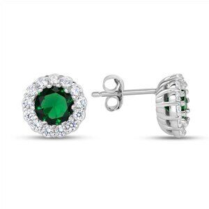 Silver 925 Rhodium Plated Cubic Zirconia Green Round Stud Earrings